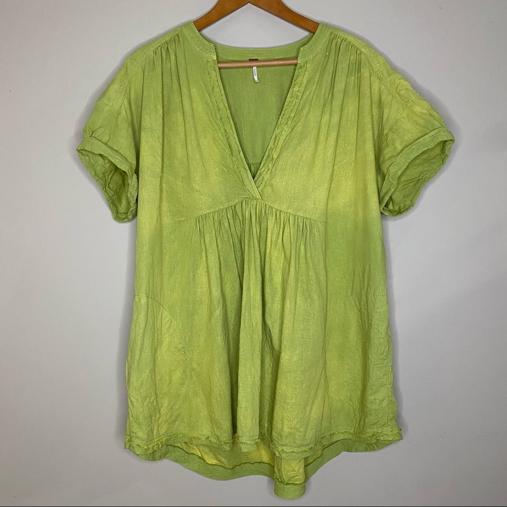 Free People Green Short Sleeve Oversized V-neck Linen Blend Bleach Dye Tunic Top